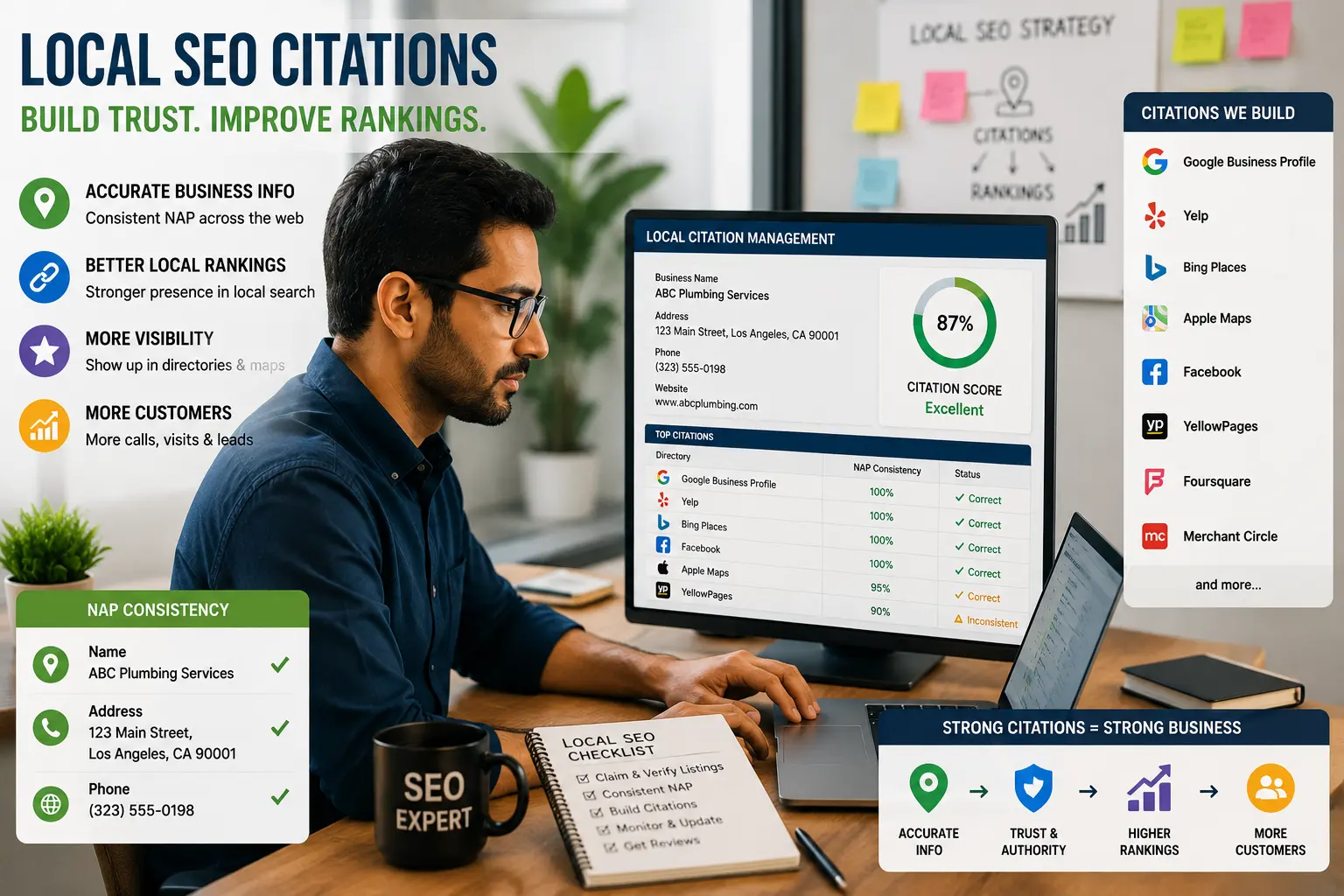 Business owner reviewing local SEO rankings